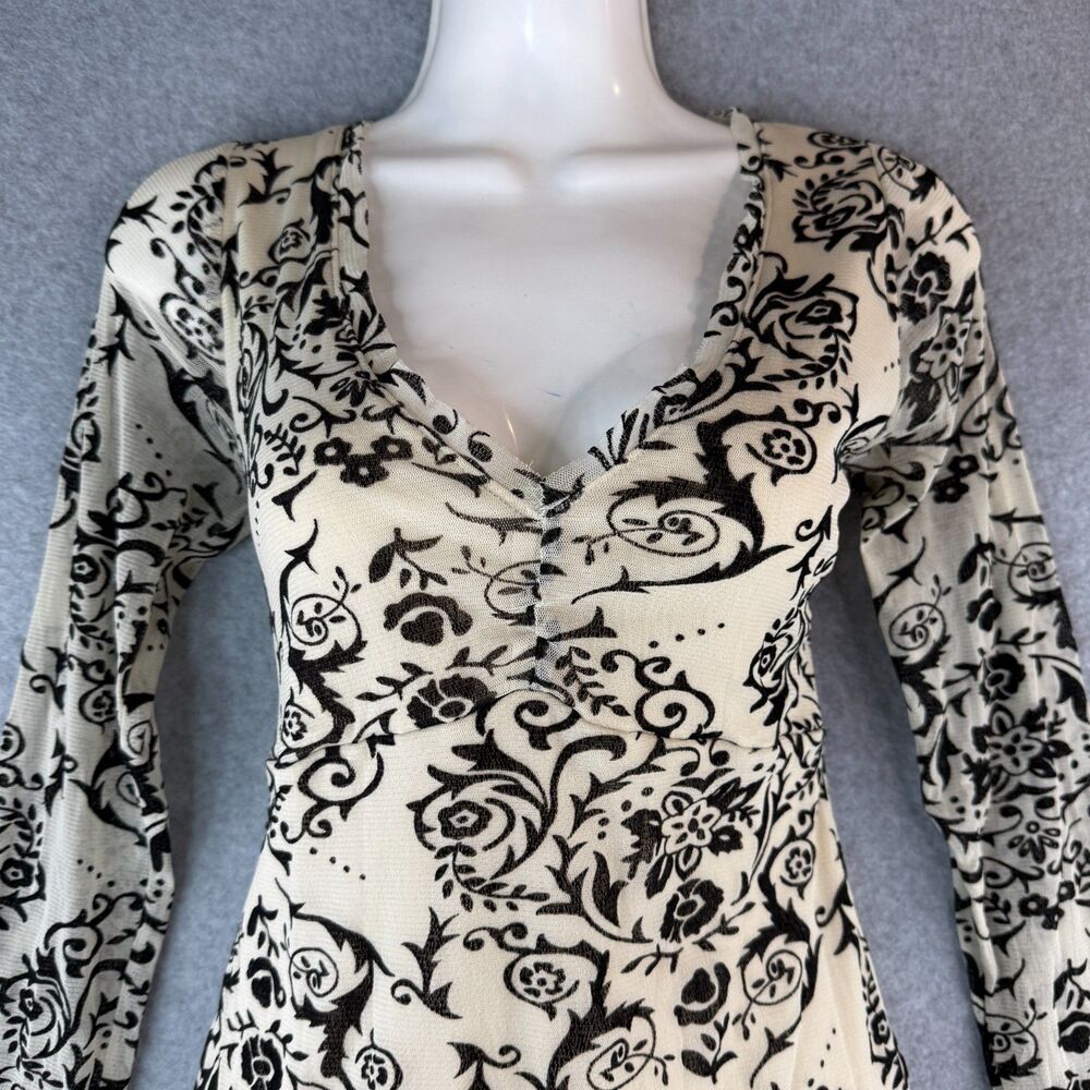 'Roper' Black & White Mesh Long Sleeve Shirt Floral Pattern Size M Boho Scunched - Picture 2 of 6